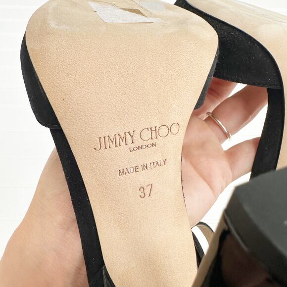 Jimmy Choo Black Suede Reon Sandals Square Toe Ankle Strap 37 - Picture 9 of 12